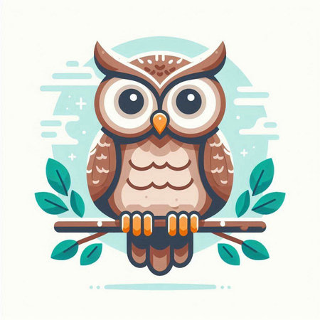 Owl with a branch and leaves. Vector illustration in cartoon style.のイラスト素材