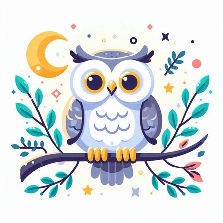 Cute cartoon owl sitting on a branch. Vector illustration in a flat style.のイラスト素材