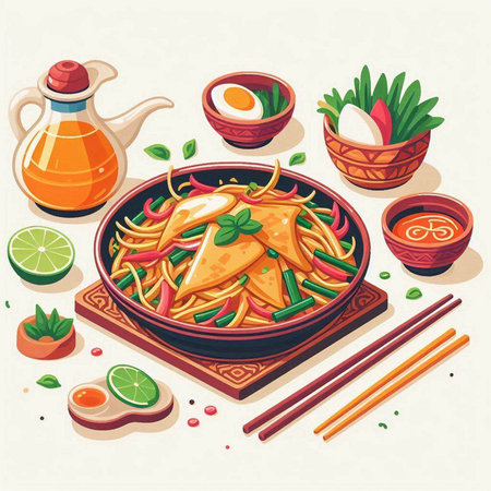 Asian food. Fried noodles with vegetables and chicken. Vector illustration.のイラスト素材