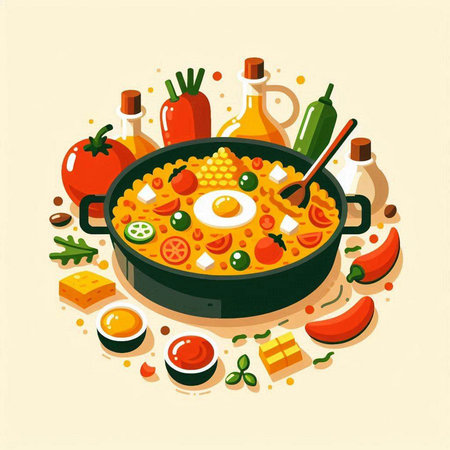 Vegetable soup in a frying pan with vegetables and spices. Vector illustration.のイラスト素材