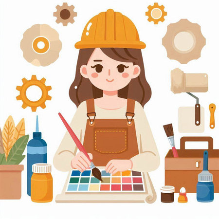 Beautiful woman painter with paint palette and tools. Vector illustration.のイラスト素材