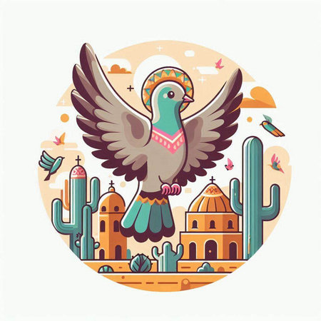 Pigeon in the desert with cacti. Vector illustration.のイラスト素材