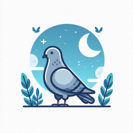 Pigeon in the moonlight. Vector illustration in flat style.のイラスト素材