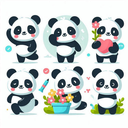 Cute cartoon panda character vector illustration set. Cute panda bear with heart and flower in a pot.のイラスト素材