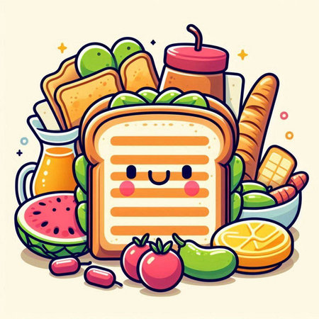 Illustration of a cute sandwich with fruits and vegetables. Vector illustration.のイラスト素材