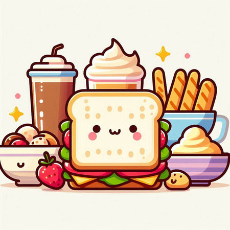 Illustration of Cute Cartoon Sandwich with Ice Cream and Friesのイラスト素材