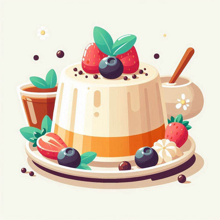 Panna cotta with fresh berries and mint. Vector illustration.のイラスト素材