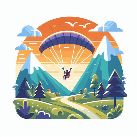 Paraglider flying in the sky over the mountains. Vector illustrationのイラスト素材