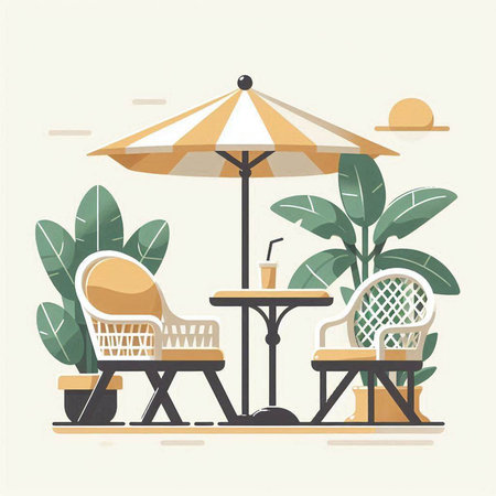 Table with chairs and umbrella. Vector illustration in flat design style.のイラスト素材