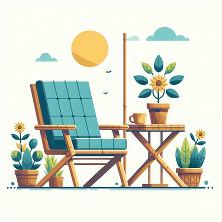 Wooden deck chair in the garden. Vector illustration in flat styleのイラスト素材
