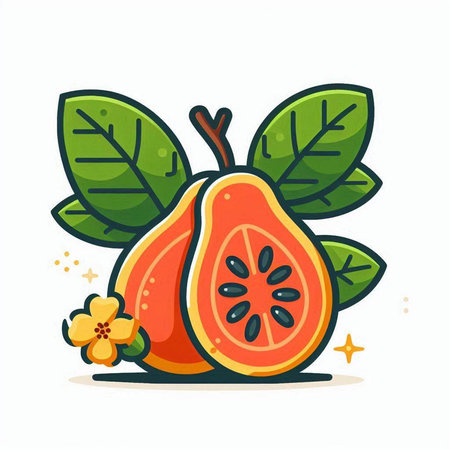 Papaya fruit with leaves and flower. Vector flat illustration.のイラスト素材