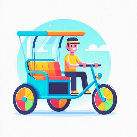 Tuk Tuk driver riding a tricycle. Vector illustration in cartoon style.のイラスト素材
