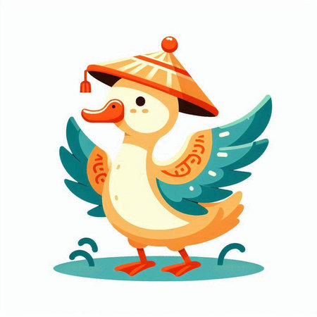 Vector illustration of cute cartoon duck in a hat on a white backgroundのイラスト素材