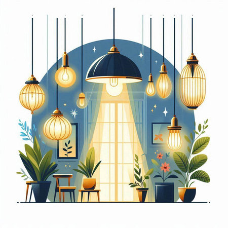 Illustration of a living room interior with lamps and plants. Vector illustration.のイラスト素材