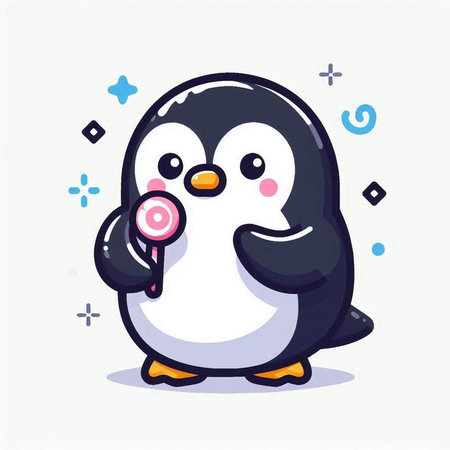 Cute penguin with a lollipop. Vector illustration.のイラスト素材