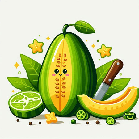 Papaya fruit with green leaves and knife. Vector illustration.のイラスト素材