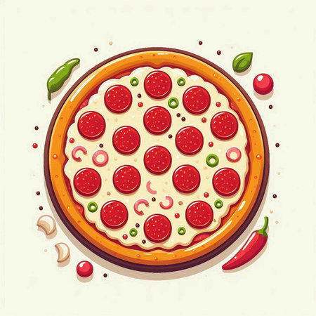 Pizza with salami, pepper and onion. Vector illustration.のイラスト素材