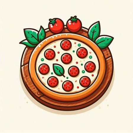 Pizza with tomato and basil on wooden plate. Vector illustration.のイラスト素材