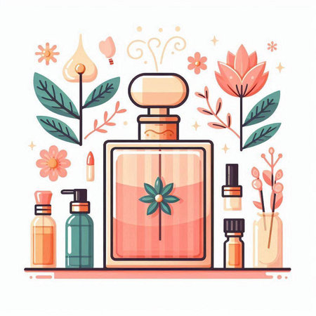 Perfume bottle with flowers and leaves. Vector illustration in flat styleのイラスト素材