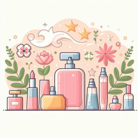 Cosmetics bottles and flowers. Vector illustration in flat cartoon style.のイラスト素材