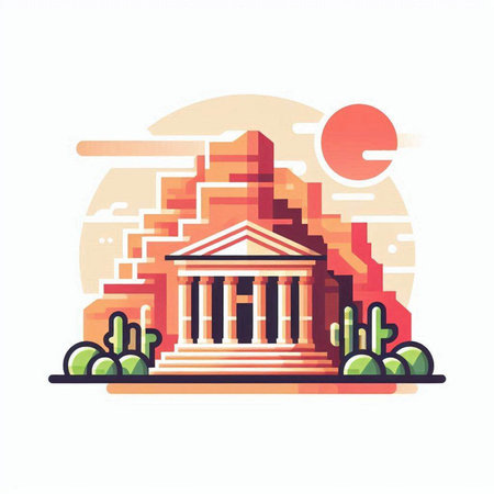 Athens, Greece vector illustration. Ancient Greek temple at sunset.のイラスト素材