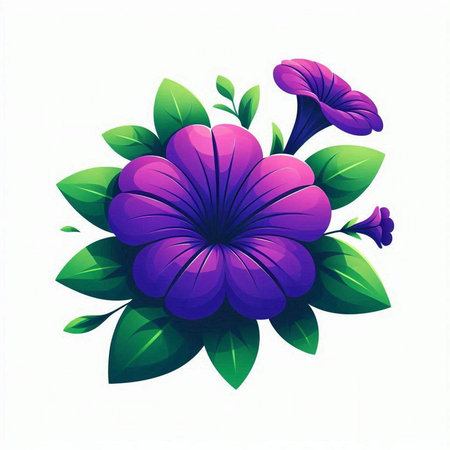 Purple flowers and green leaves on white background. Vector illustration.のイラスト素材