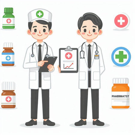 Doctor and nurse with a stethoscope and a clipboard, vector illustrationのイラスト素材
