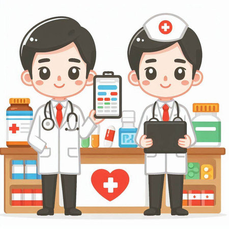 Nurse and doctor with a tablet in his hand. Vector illustration.のイラスト素材