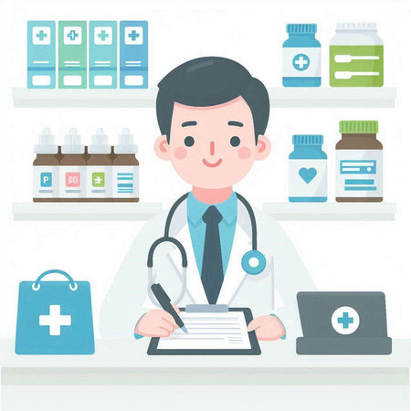 Illustration of a male pharmacist standing in front of the counterのイラスト素材