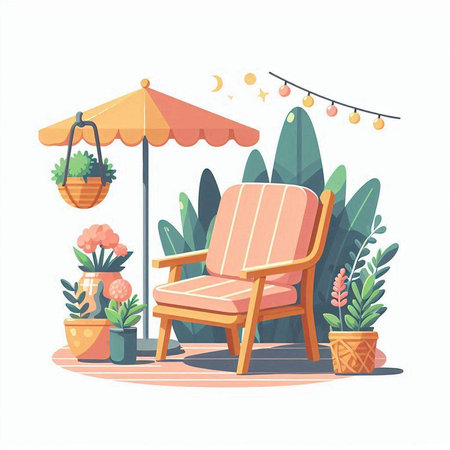 Wooden chair in the garden. Vector illustration in flat style.のイラスト素材