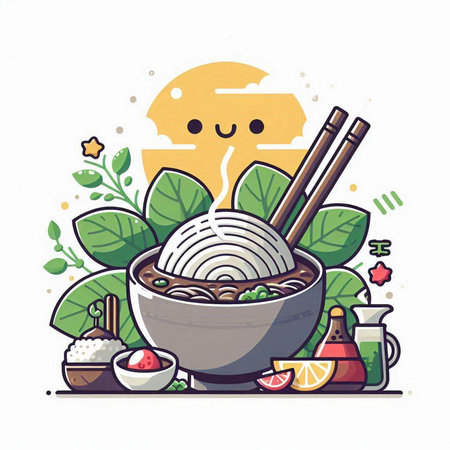 Illustration of a bowl of miso soup with chopsticks and ingredients.のイラスト素材