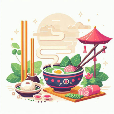 Japanese cuisine, japanese food vector illustration. Sashimi, udon noodles, miso soup, tempura and chopsticksのイラスト素材