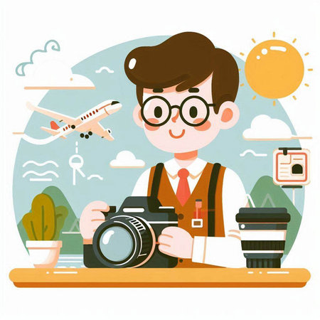 Photographer with camera on the background of nature. Vector illustration.のイラスト素材