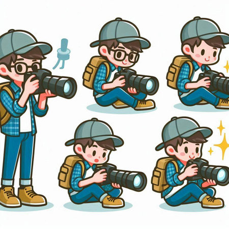 Illustration of a boy with a camera and a photographer set.のイラスト素材