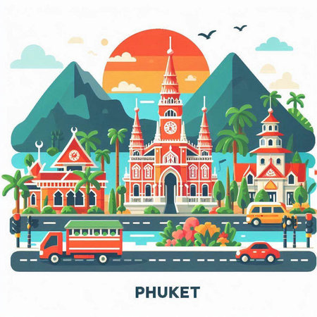 Vector illustration of Phuket town in flat style. Travel and tourism concept.のイラスト素材