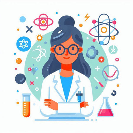 Vector illustration of a young woman scientist in the laboratory. Concept of science, chemistry, biology.のイラスト素材