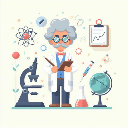 Vector illustration of a scientist in a laboratory. Flat style design.のイラスト素材