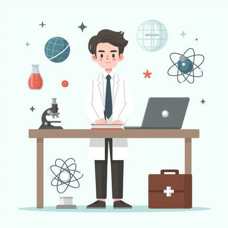 Male scientist working at the laboratory. Vector illustration in flat style.のイラスト素材