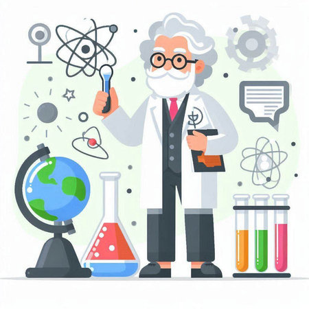 Scientist in laboratory flat vector illustration. Scientist in white coat and eyeglasses holding flask with chemical liquid. Chemistry, biology, medicine and research conceptのイラスト素材
