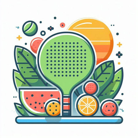 Vector illustration of sport flat line icon with watermelon, tennis racket, fruits and leaves on white background.のイラスト素材