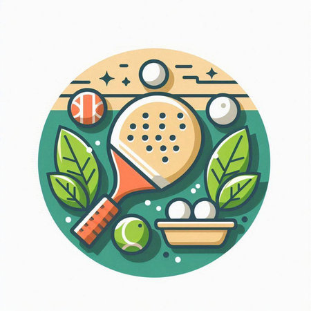 Sport flat icon. Tennis racket, ball, ball, table tennis racket and green leaves.のイラスト素材