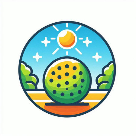 Illustration of a golf ball in a circle with sun and moonのイラスト素材