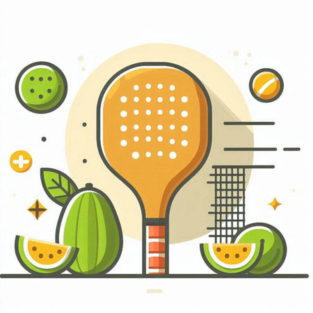 Vector flat illustration of tennis racket and watermelon on white background.のイラスト素材