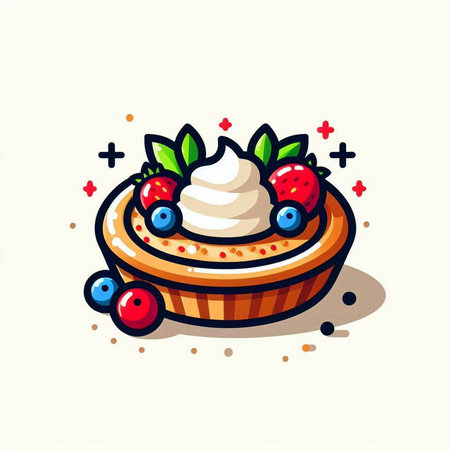 Cake with berries and whipped cream. Vector illustration in cartoon style.のイラスト素材