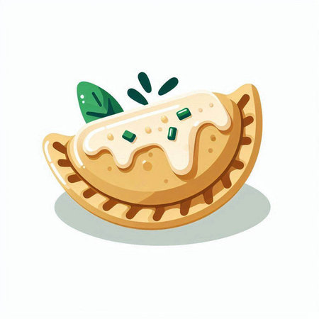 Illustration of a pie with cream and green leaves on a white backgroundのイラスト素材