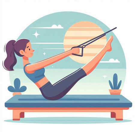 Young woman practicing yoga, stretching, pilates, fitness, healthy lifestyle vector illustration.のイラスト素材