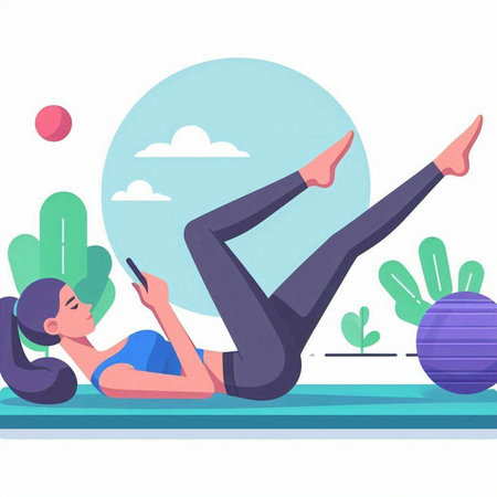 Young woman doing yoga on the beach. Vector illustration in flat styleのイラスト素材