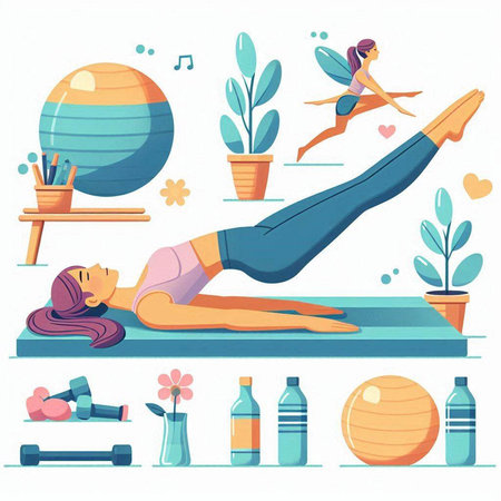 Vector illustration of a woman doing yoga, pilates, fitness.のイラスト素材