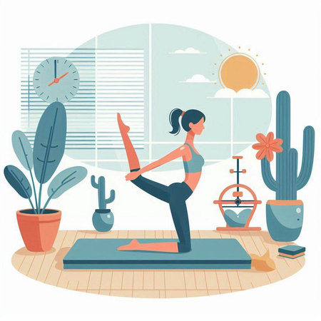 Woman practicing yoga at home. Healthy lifestyle concept. Vector illustration.のイラスト素材