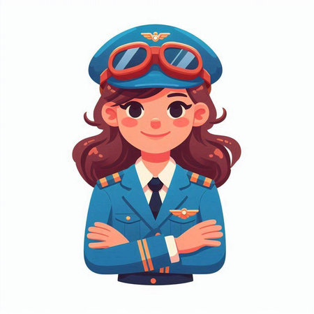 Cute little girl pilot in uniform. Vector illustration in cartoon styleのイラスト素材
